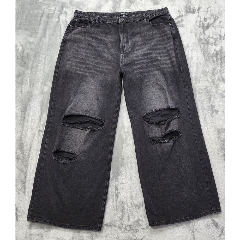 NEW Missguided Jeans Womens 20 Black Faded Extreme Split Ripped Baggy Stretch